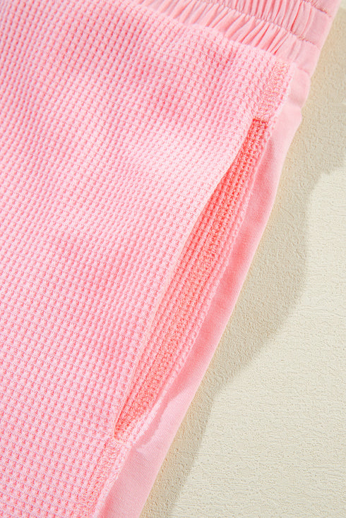 Pink Plus Size Ribbed Exposed Seam Tee and Shorts Set